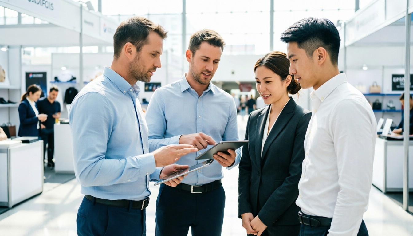 A sourcing agent negotiating with a booth owner while a buyer observes