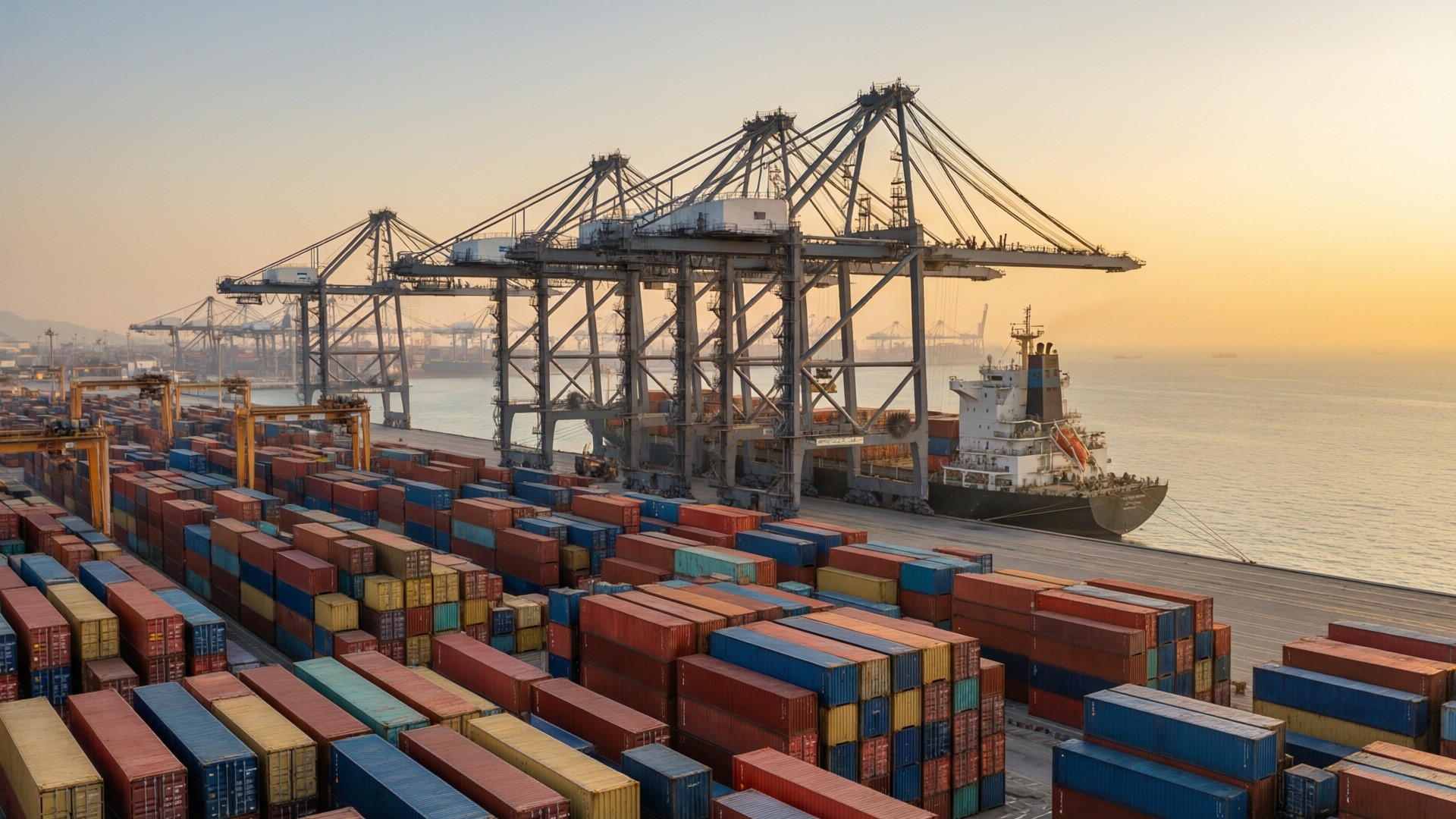A shipping container being loaded onto a vessel at a container port