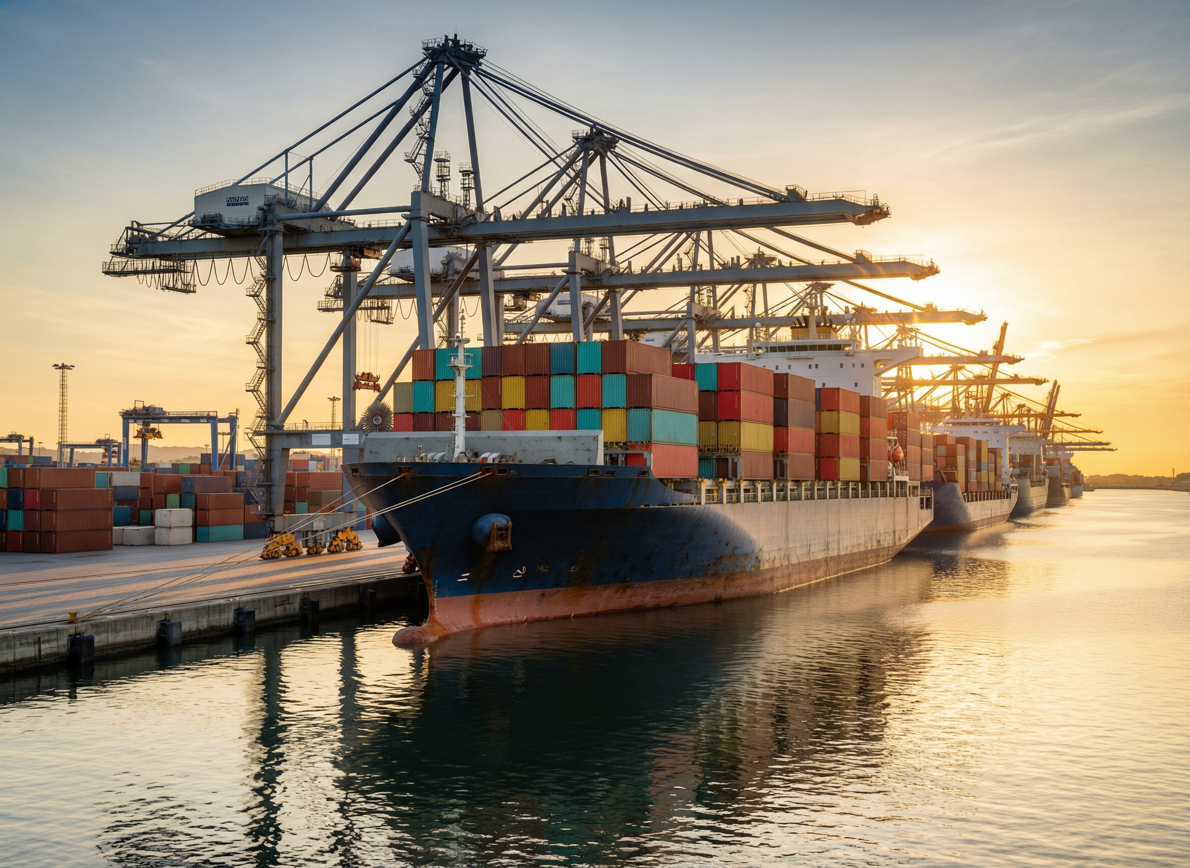 A shipping container being loaded onto a vessel at a container port