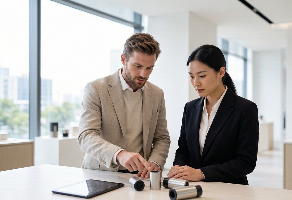 A foreign buyer examining product samples with a Yiwu supplier at a showroom