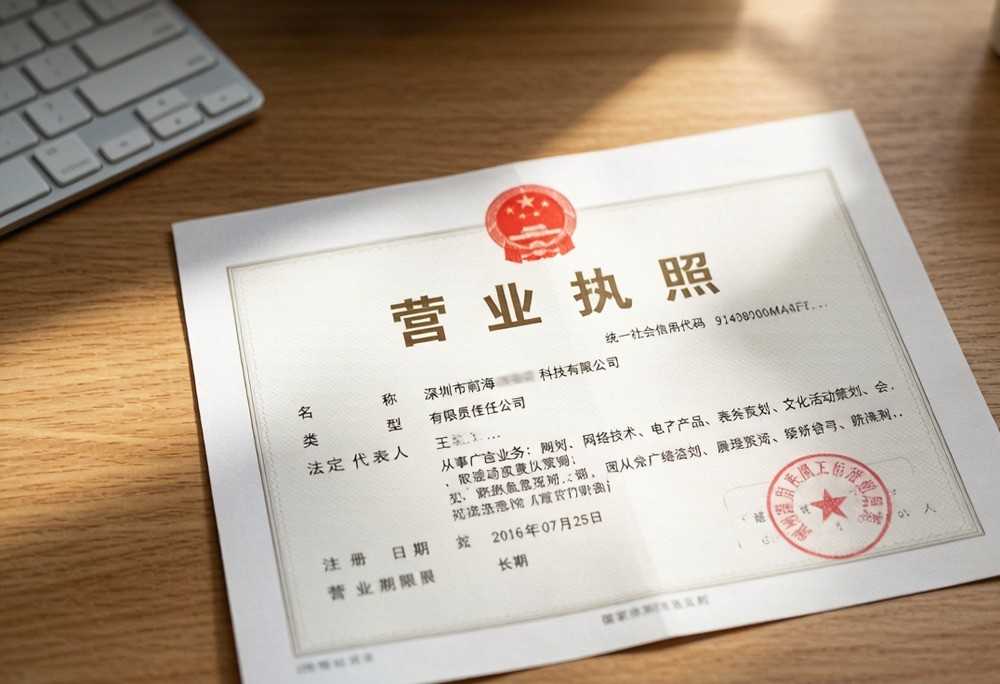 A realistic Chinese business license showing the unified social credit code, registered address, and official red stamp