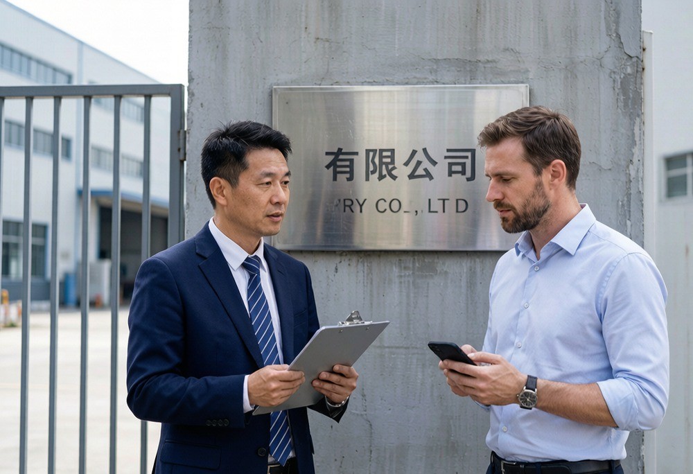 A sourcing agent and a Western buyer verifying a factory signboard during an on-site visit