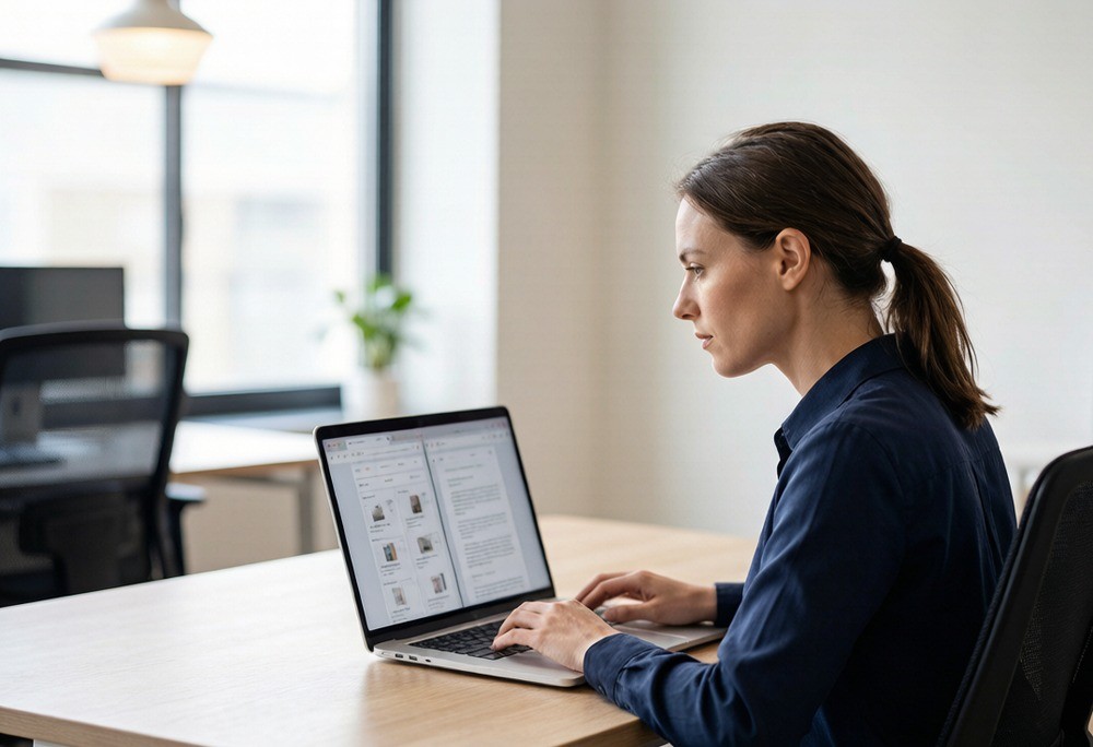 A buyer comparing two supplier websites on a laptop at a desk