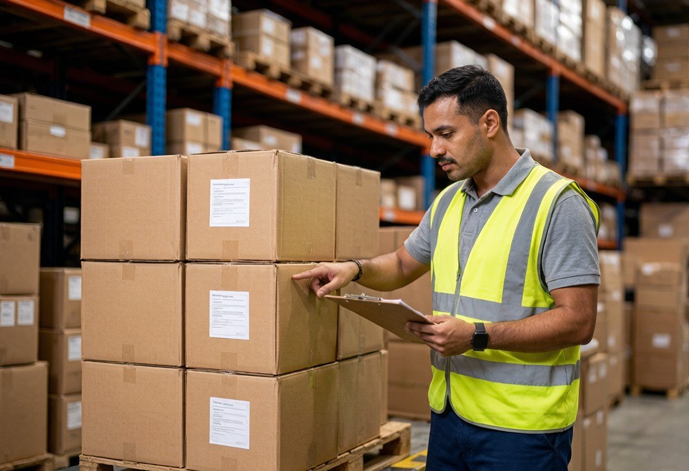 A warehouse worker checking incoming cartons against a list