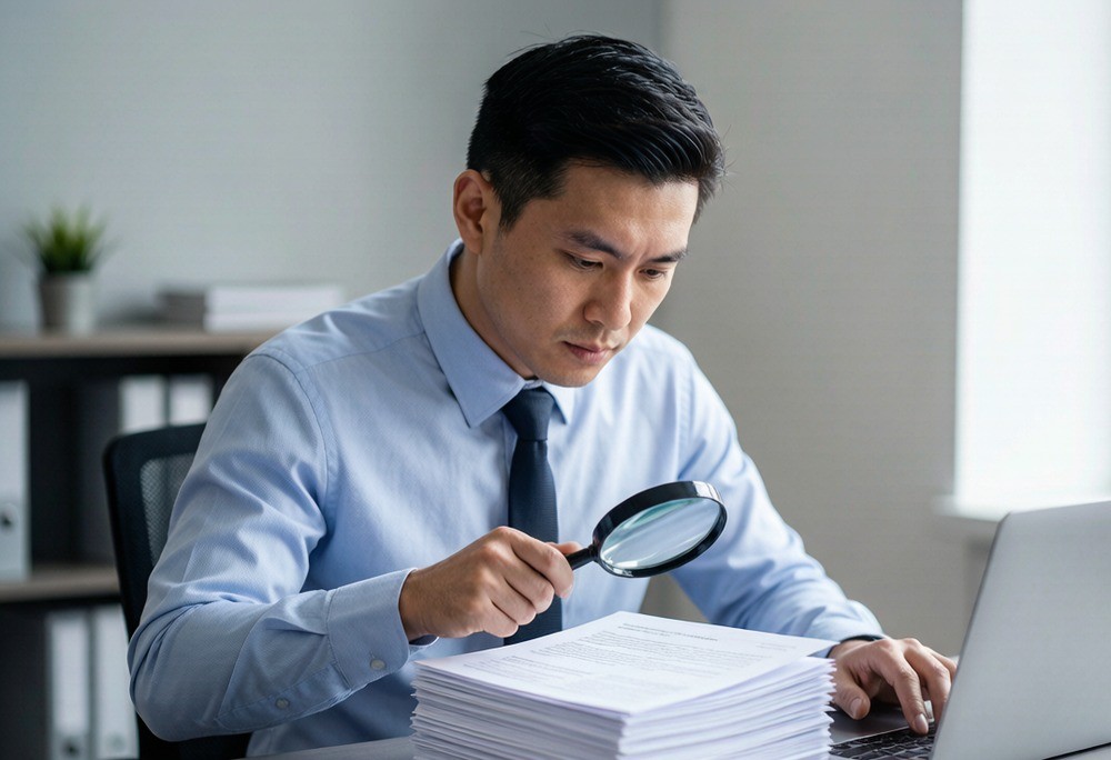 A compliance officer reviewing a stack of supplier documents with a laptop and magnifier