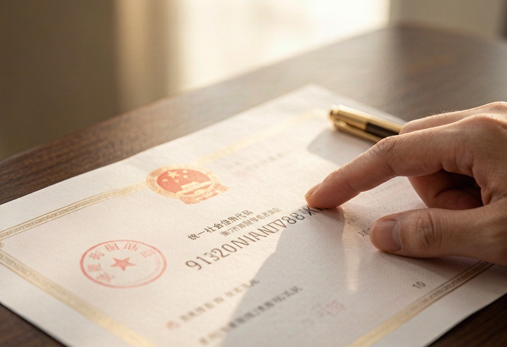 Extreme close-up of the 18-digit unified social credit code on a Chinese business license