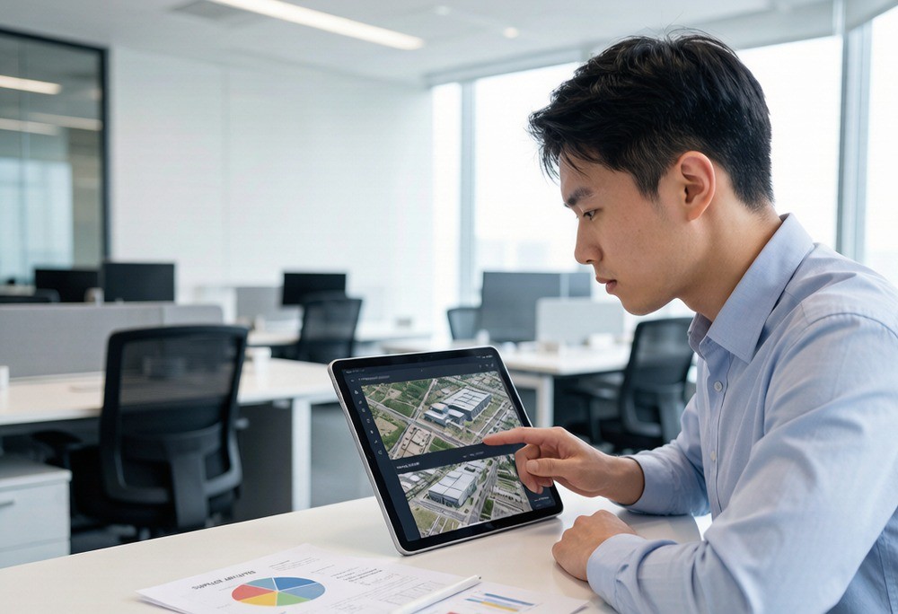 Cross-checking a supplier's registered address against satellite and street-view imagery before any visit is scheduled.
