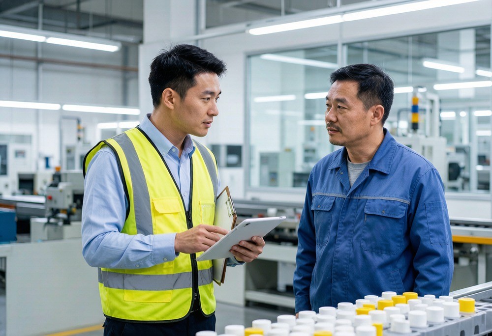 An RND Sourcing auditor confirming the physical factory against the registered license during an on-site verification in Yiwu.