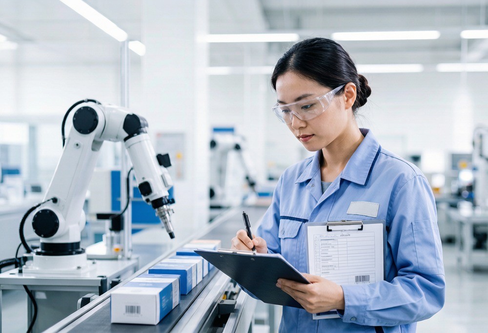 A QC inspector checking finished goods on a Chinese production line with a clipboard