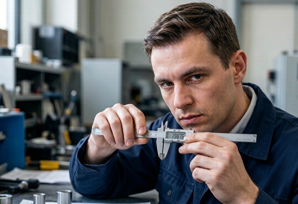 An inspector using a caliper to measure a product against the specification