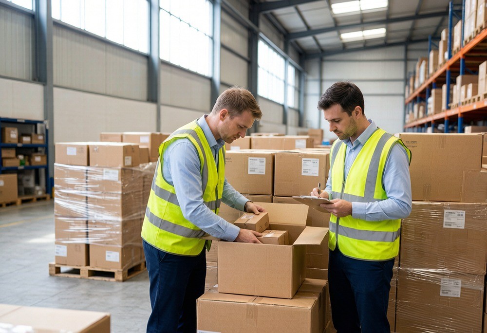 A third-party inspection team inspecting cartons in a warehouse before shipment