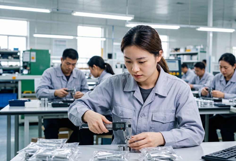 An RND Sourcing auditor running an on-site factory inspection — local presence turns a paper promise into a verified line.