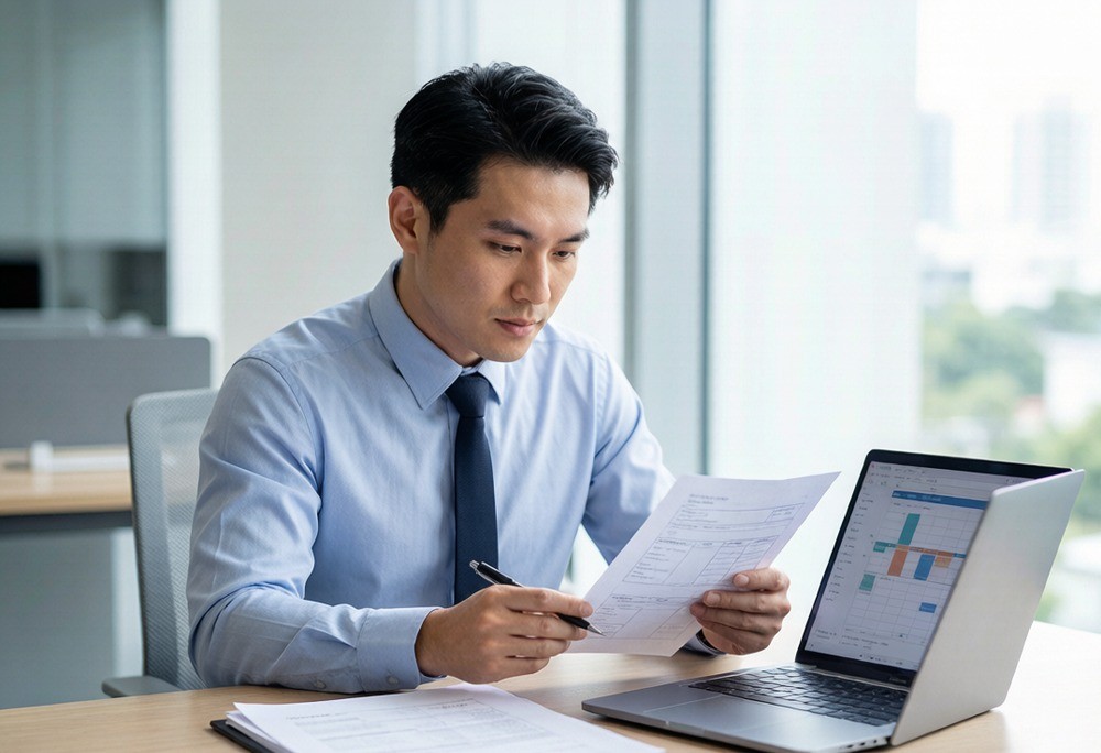 A freight forwarder reviewing shipping documents at a bright modern desk