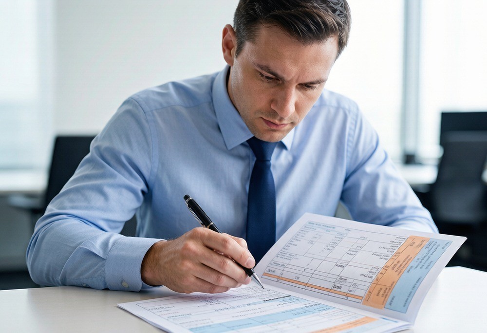 A logistics officer studying a bill of lading and shipping papers
