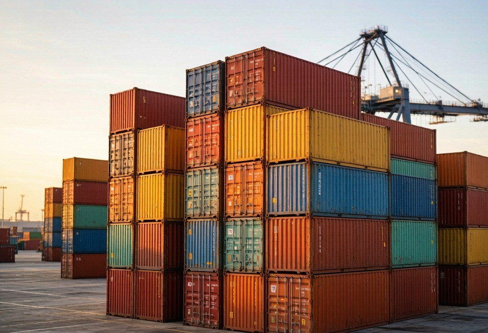 Stacked shipping containers at a busy container port at golden hour