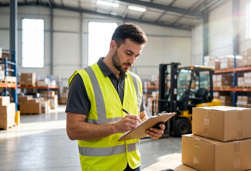 A logistics coordinator verifying carton counts and carton marks in a bright consolidation warehouse before container stuffing.