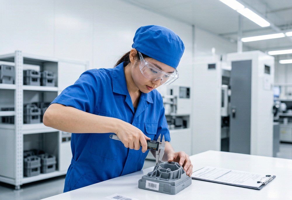 A quality inspector measuring a molded component with a digital caliper against the documented spec during a pre-shipment check.