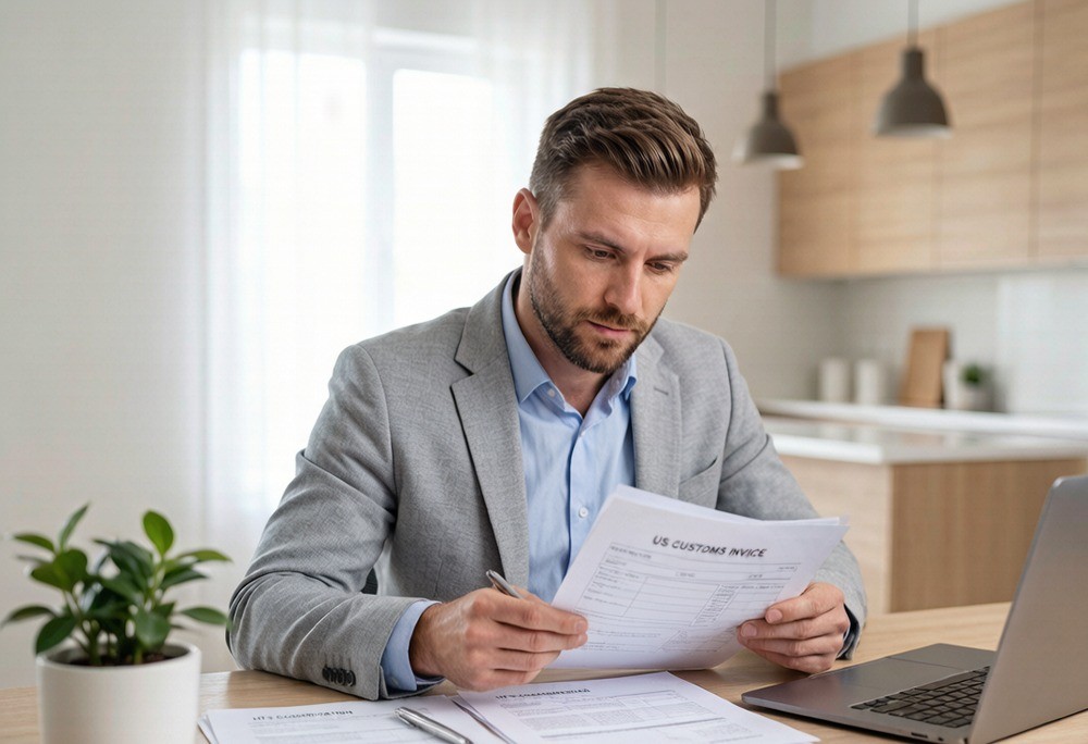 A US importer reviewing a customs invoice and HTS classification at a desk