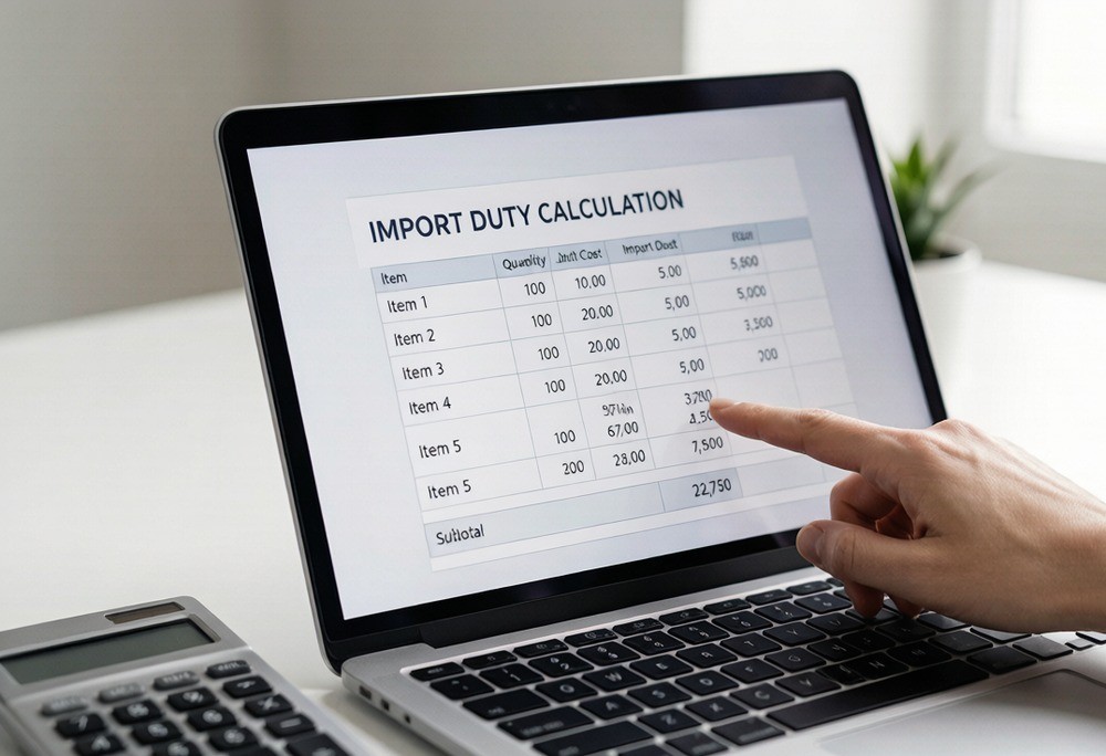 Close-up of a laptop spreadsheet calculating US import duty line by line