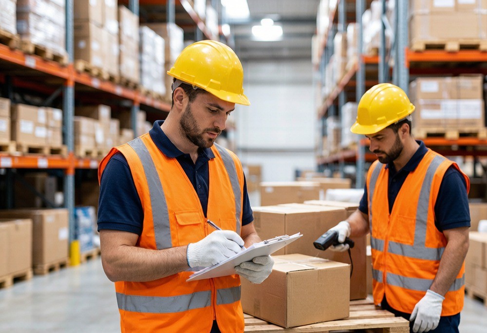 Warehouse staff receiving imported cartons with a clipboard and paperwork