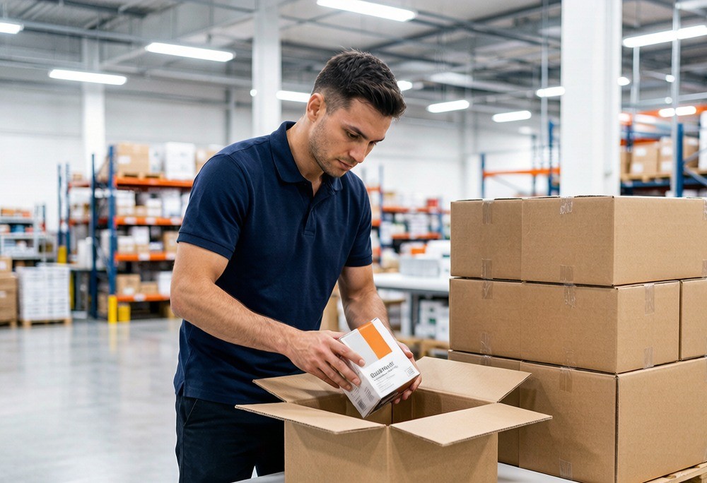 Packing a small-batch order for shipment: the moment a developed product becomes a sellable, shippable unit.