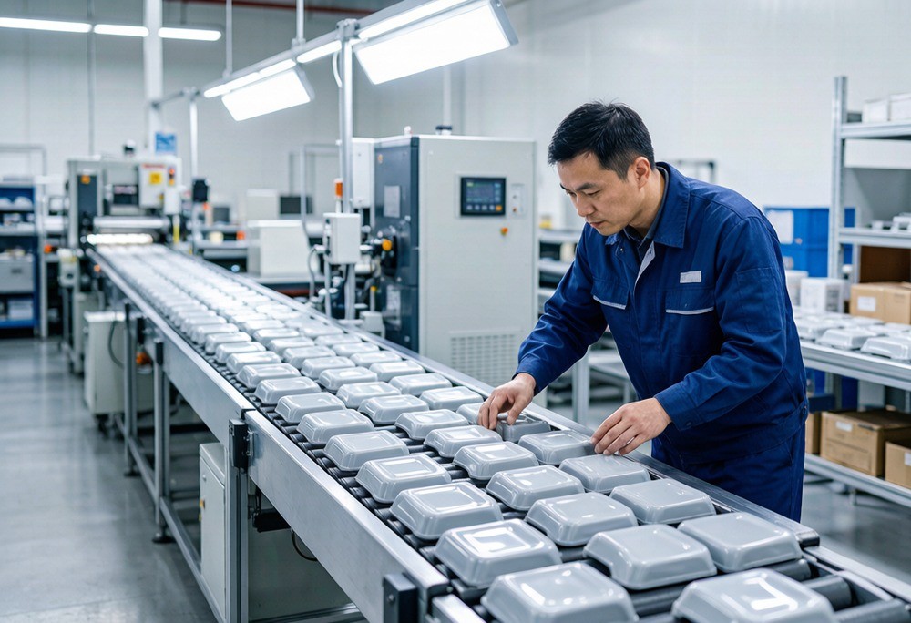 A small-batch production run on a factory line — scaling from approved sample toward mass production under supervision.