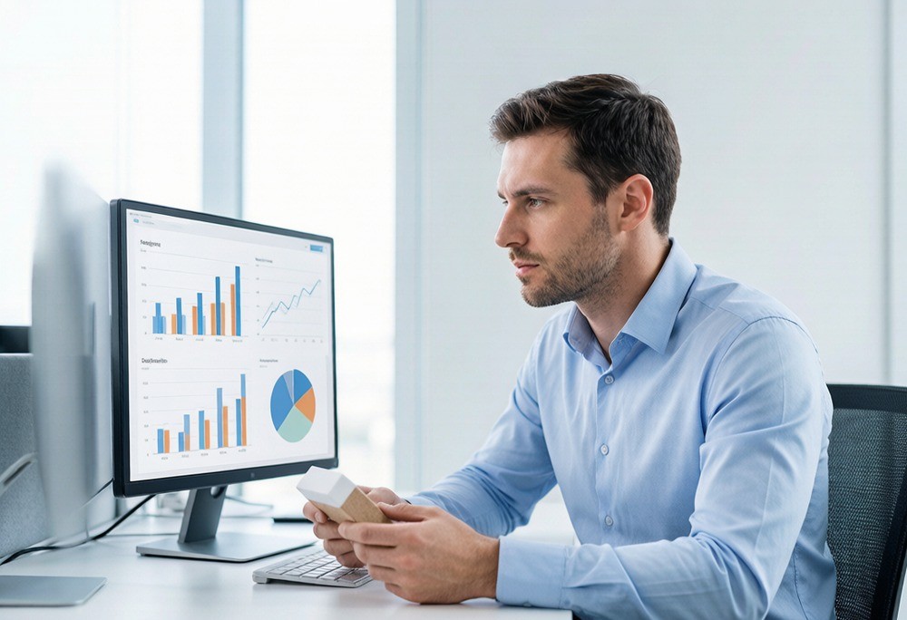 Reviewing market and competitor data on a screen with a physical product sample in hand — validation is evidence, not optimism.