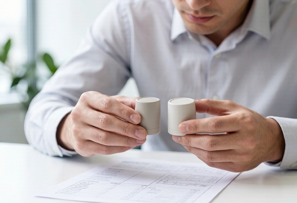 A sourcing specialist comparing two product samples side by side against the spec — turning a concept into a testable, comparable artifact.