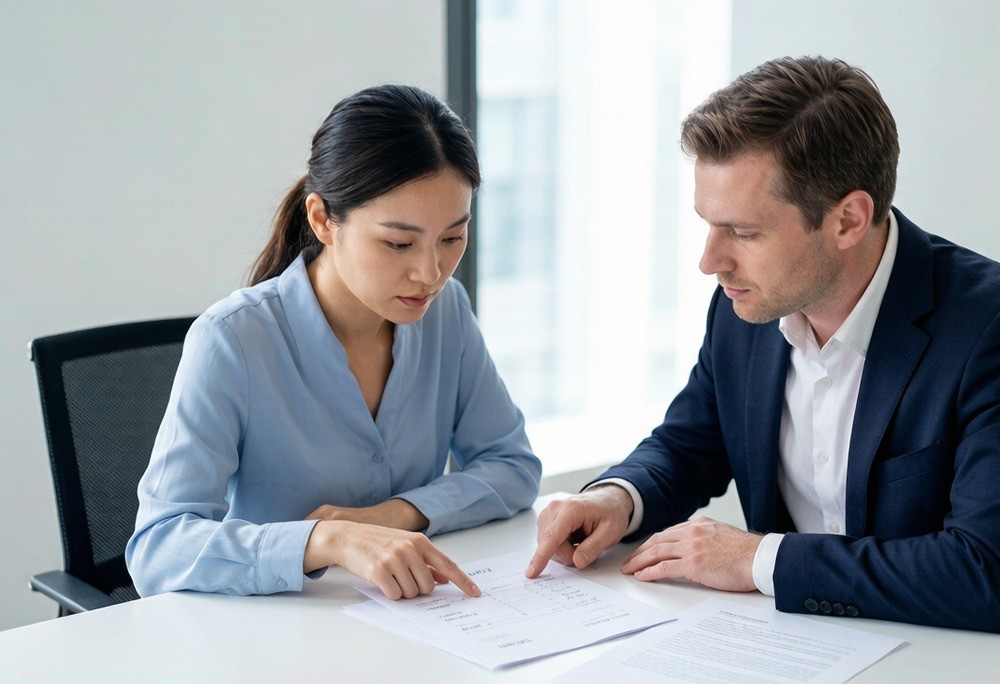 A sourcing agent and a Western buyer reviewing a quote and contract together