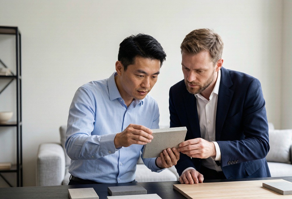 A sourcing agent inspecting a product sample closely with a buyer