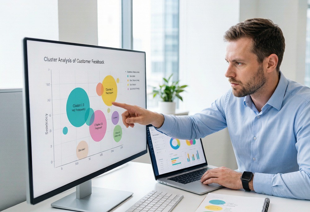 A researcher clustering customer complaints on a screen — turning scattered 1-star reviews into a ranked list of buildable features.