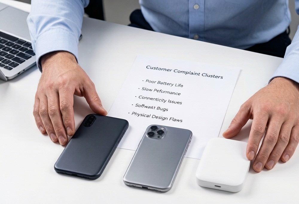 Laying out physical competitor samples next to a complaint cluster sheet — matching each defect to a concrete improvement before sourcing.