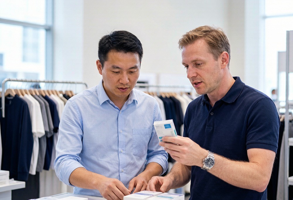 A China sourcing agent meeting a supplier at a Yiwu market booth