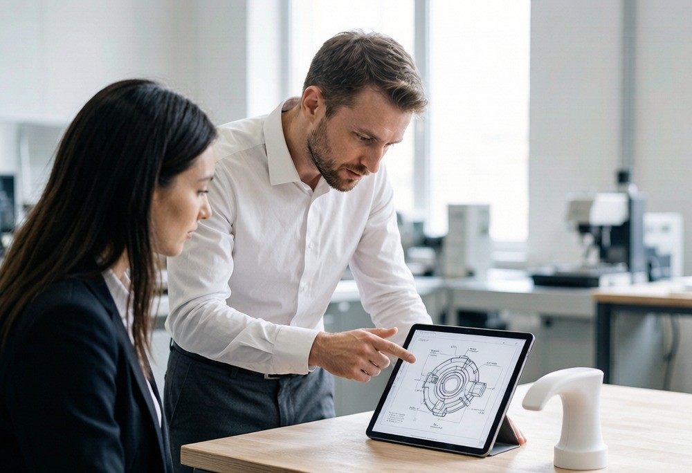 Factory engineer showing a buyer's product design drawings on a workshop table
