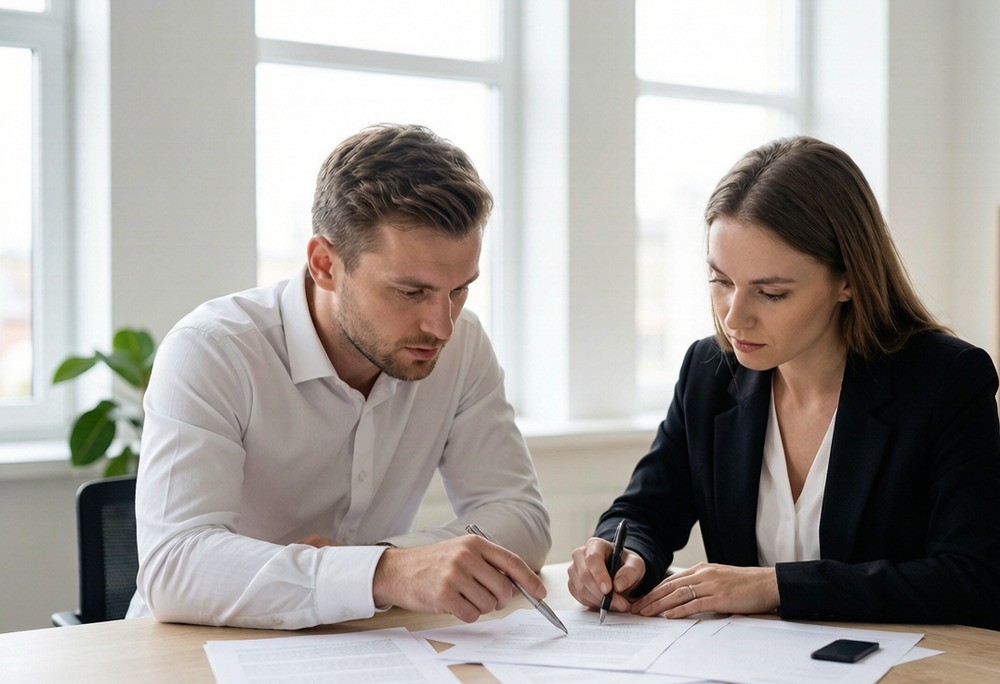 Buyer reviewing a manufacturing contract with a sourcing agent