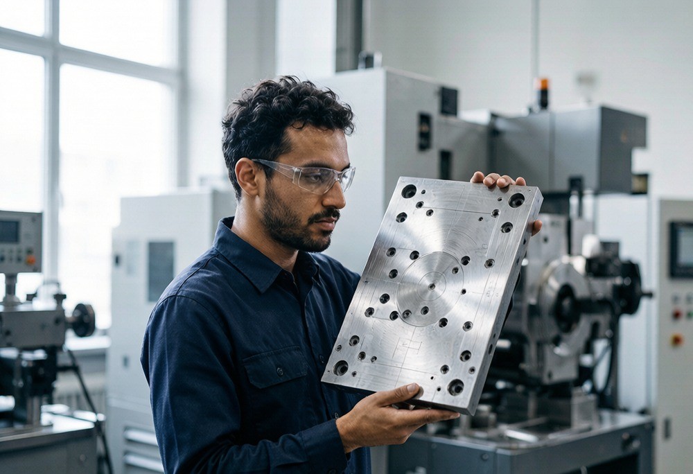Injection mold held in a factory workshop with a worker beside it