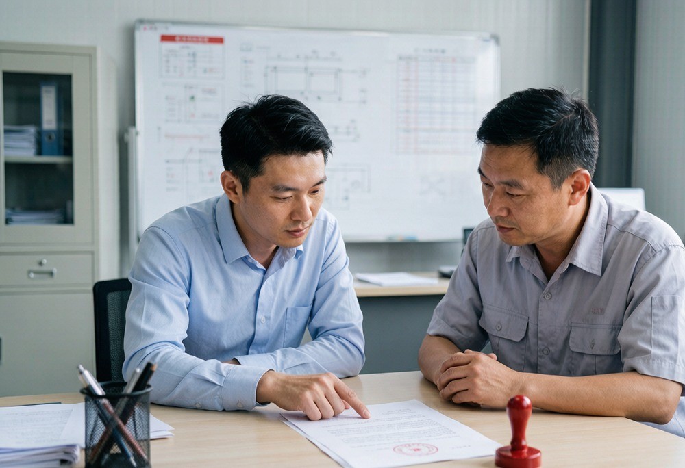 Sourcing agent reviewing a bilingual manufacturing contract with a factory manager