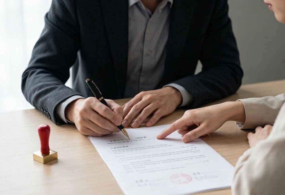 Two business people signing a bilingual contract at a desk with a red company chop