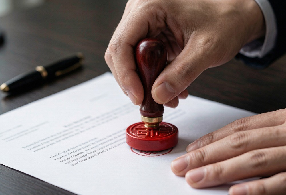 Close-up of a hand pressing a red company chop onto a contract page