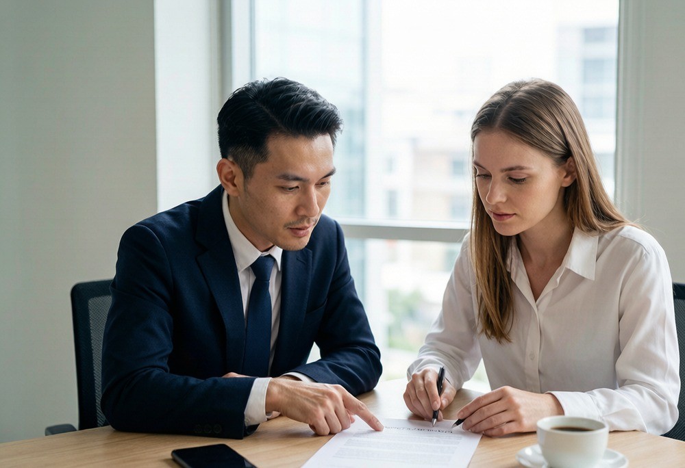 Sourcing agent explaining a contract clause to a foreign buyer at a meeting table