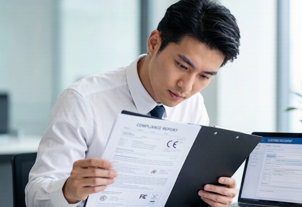 A compliance folder on the RND floor: per-SKU test reports, HTS codes, and destination-market certificates checked before any deposit is wired.