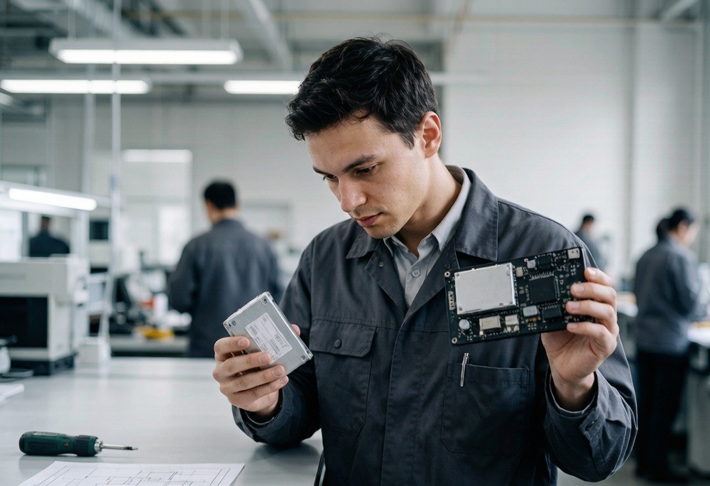 Inspector comparing an approved sample unit against a bulk production unit on a bench