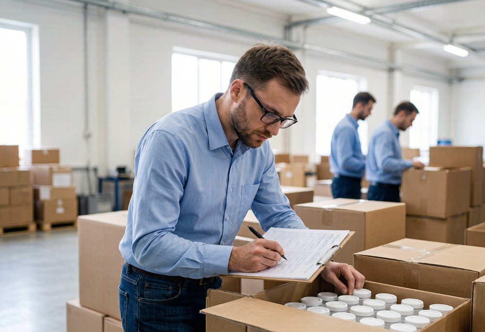 Quality inspector checking units from an open carton with a clipboard