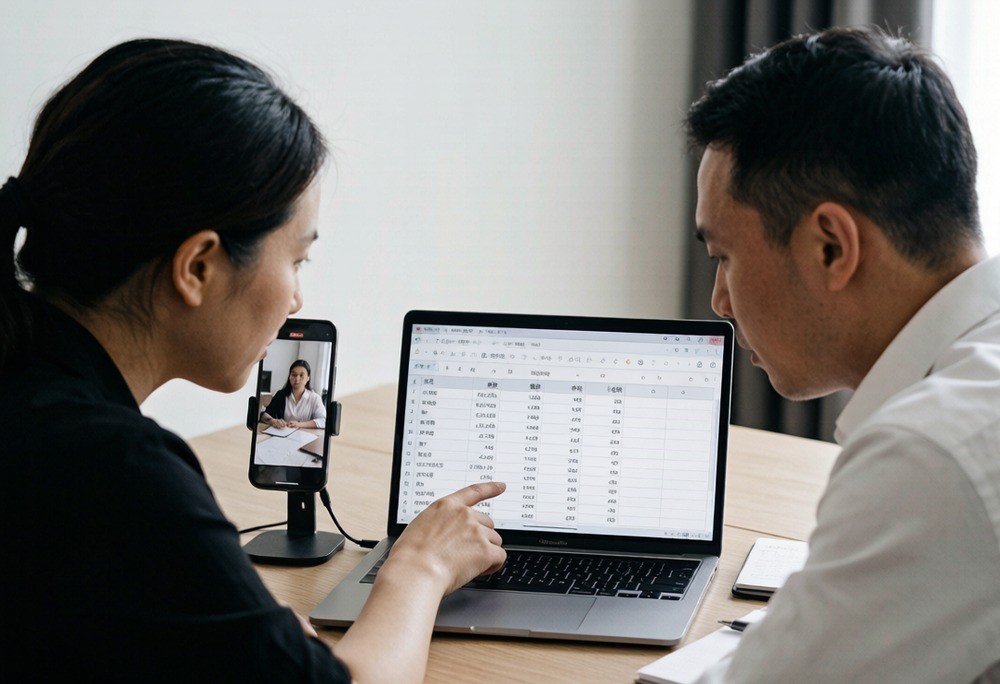 Buyer and sourcing agent reviewing a cost breakdown spreadsheet on a laptop