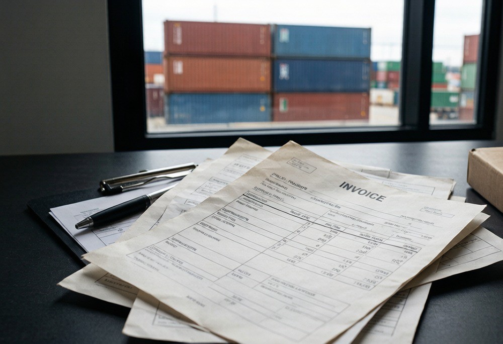 Shipping documents and a freight container representing landed-cost duties and fees