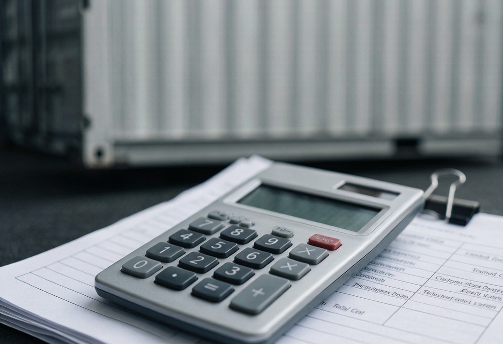 Calculator and shipping documents on a desk with a freight container in background