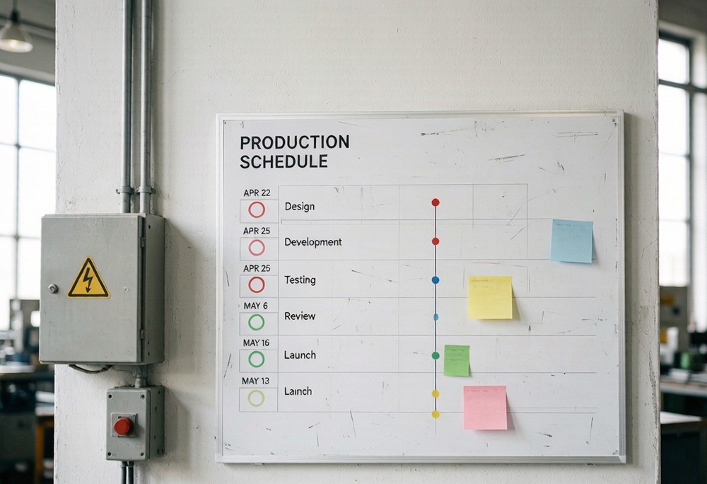 Production schedule board on a factory wall with dated milestones and markers