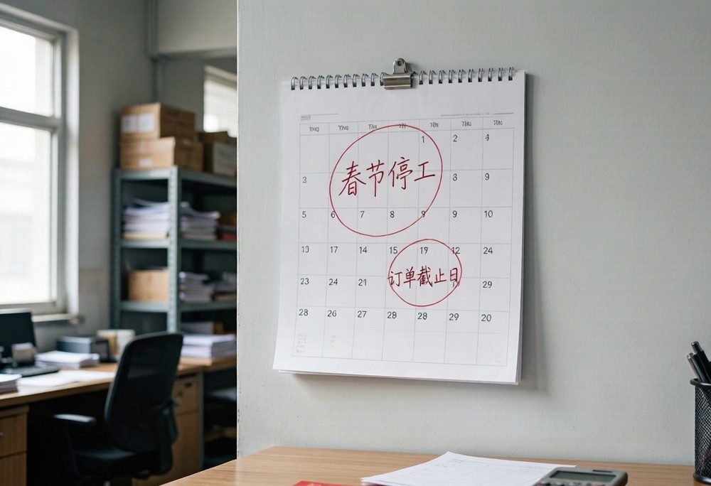 Wall calendar marked with a Chinese New Year shutdown window and order deadlines