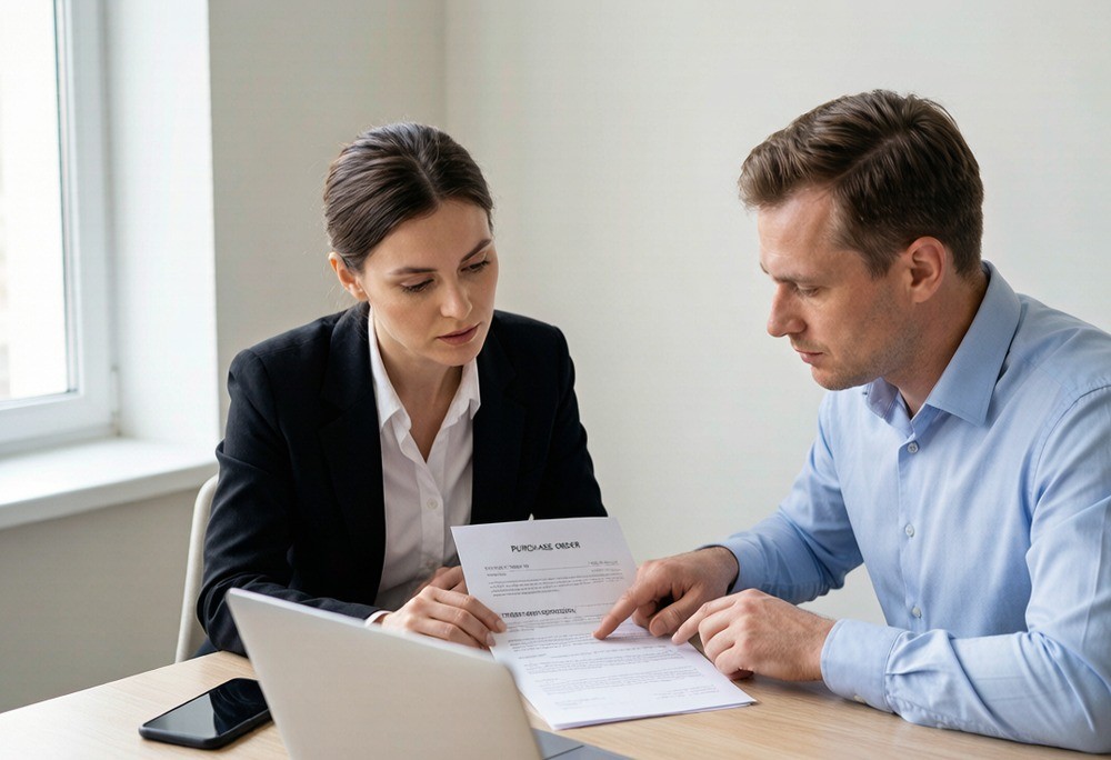 Sourcing agent and factory manager reviewing a purchase order with penalty terms
