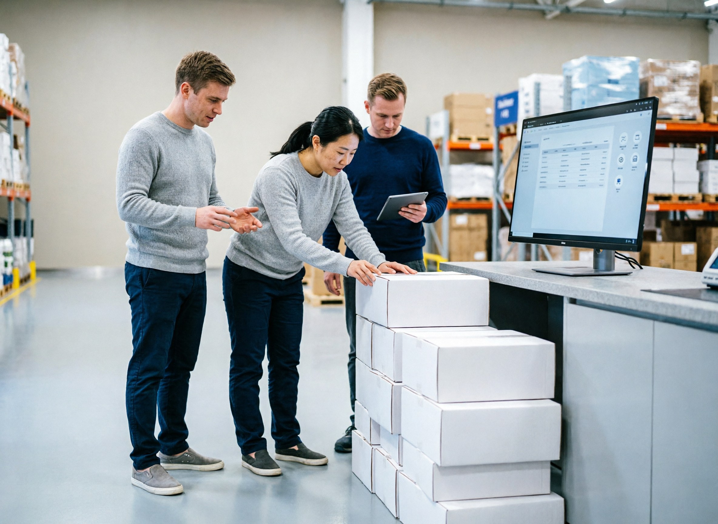 Cartons being counted against a printed order list in a warehouse